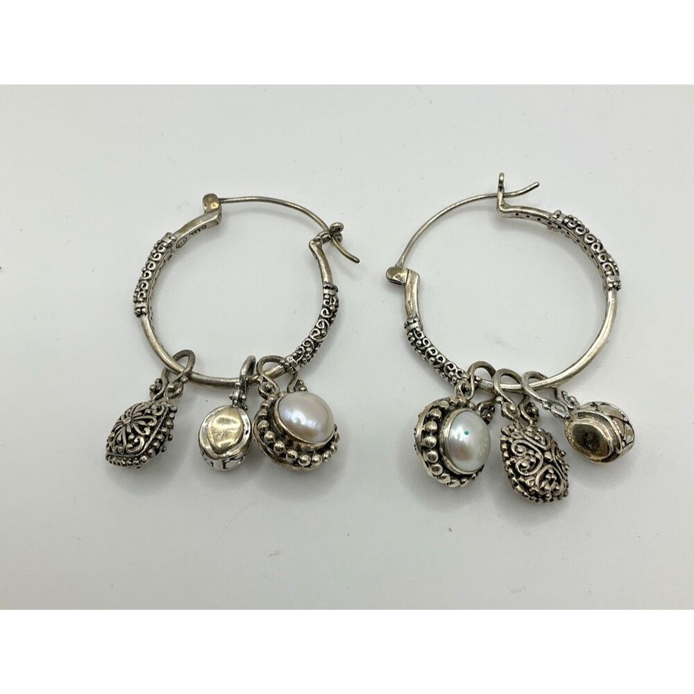 Silver 925 Hoop Filigree Dangle Earrings Pearl Vintage Marked